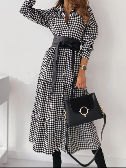 Vestido camisa Quadriculado longo com botões a frente