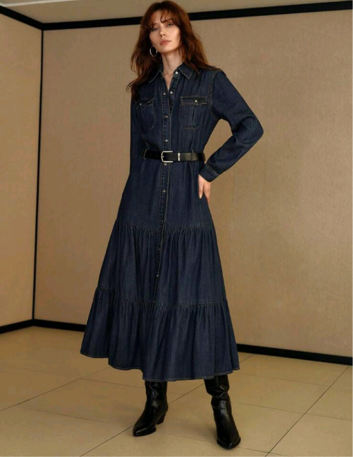 Vestido Denim com Babado na barra e cinto