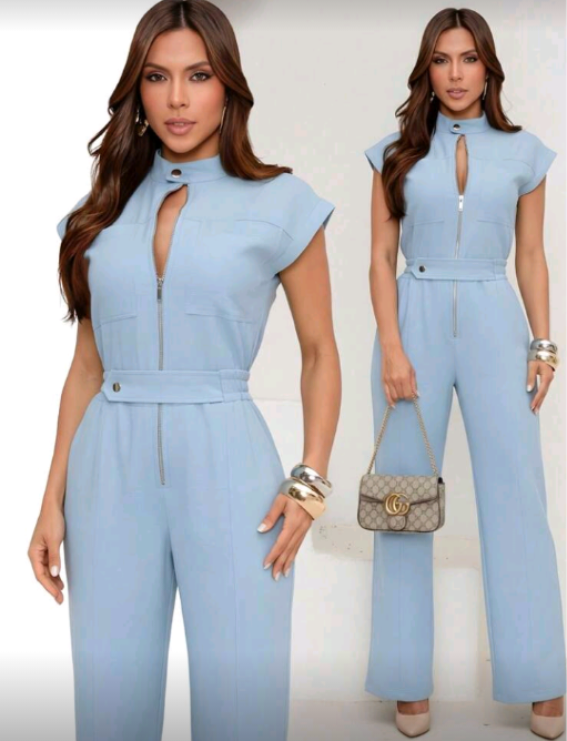 Macacão Cargo Longo Com Ziper Frontal Alfaiataria Elegante