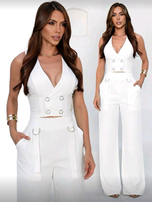 Conjunto Alfaiataria Colete Botão Forrado Calça Pantalona Elegante Classico