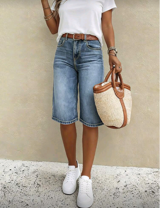 Bermuda Jeans Perna Reta Folgado Perna Larga e Comprimento Médio