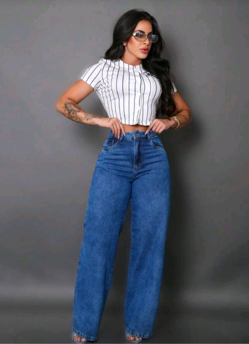 Calça Wide Leg Pantalona Jeans Cintura Alta Levanta Bumbum