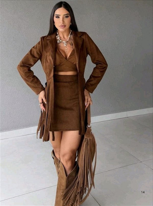 Conjunto Country 3 Peças Top Blazer com Franja e Saia Curta Suede