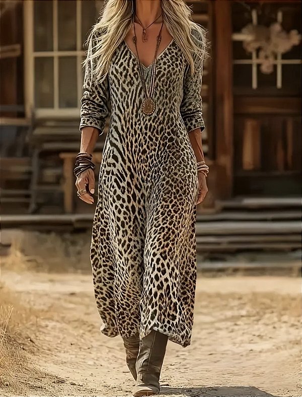 Vestido Vitage manga e decote em V Leopardo