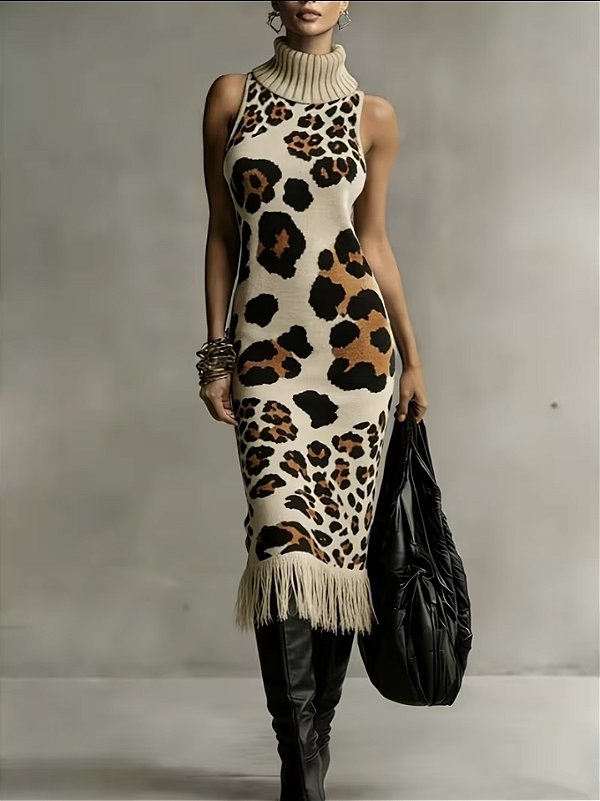 Vestido de Gola Alta Sem Mangas com Estampado de Leopardo Irregular e Franjas