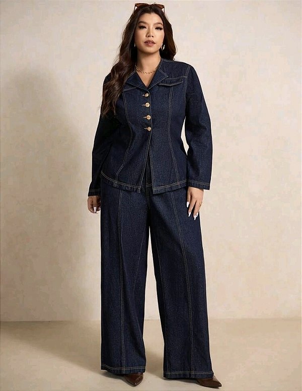 Conjunto Plus Size Camisa e Calça Perna Larga Jeans