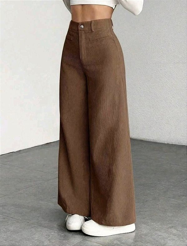 Calça Perna Larga com Zíper e Bolso uso Diário