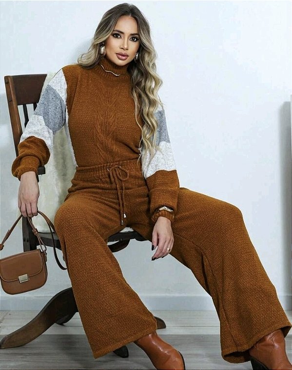 Conjunto Blusa Tricot Mousse Com Calca Flare