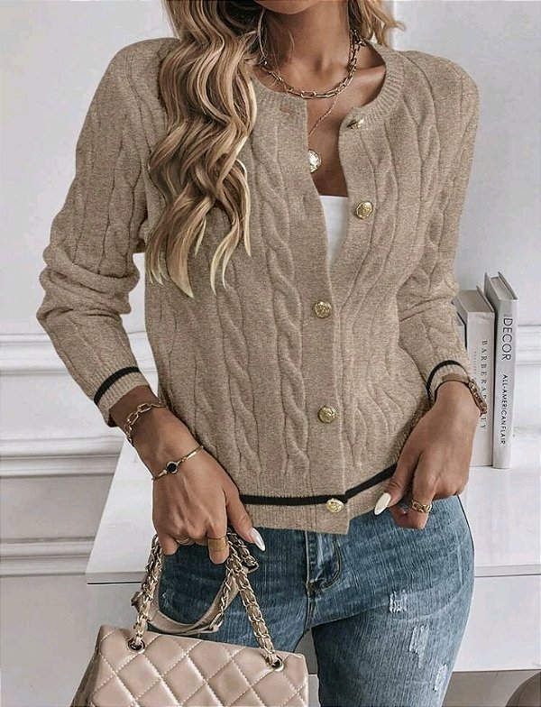 Cardigan Casual Recorte Contrastante