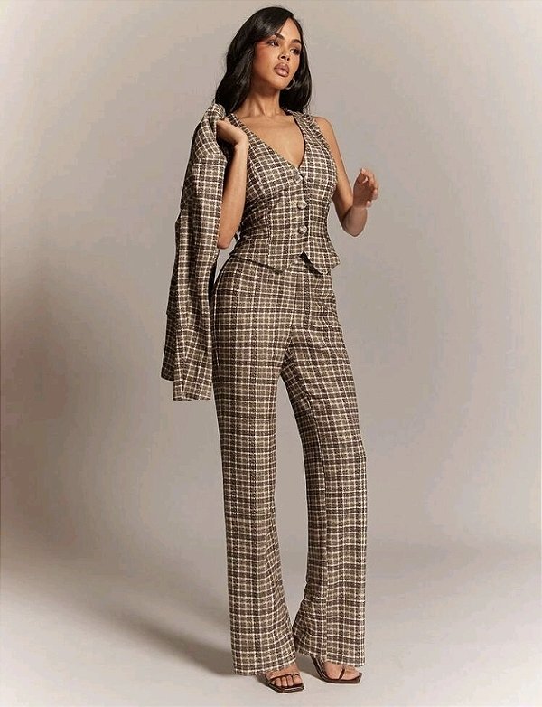 Conjunto de 3 Peças Blazer, Colete e Calças Xadrez