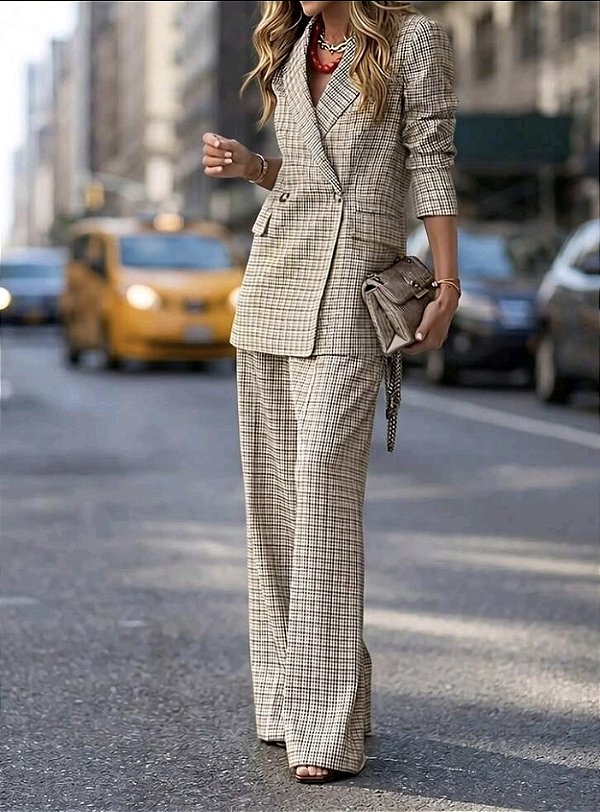 Conjunto de Terno Leve Xadrez Blazer e Calça Pantalona