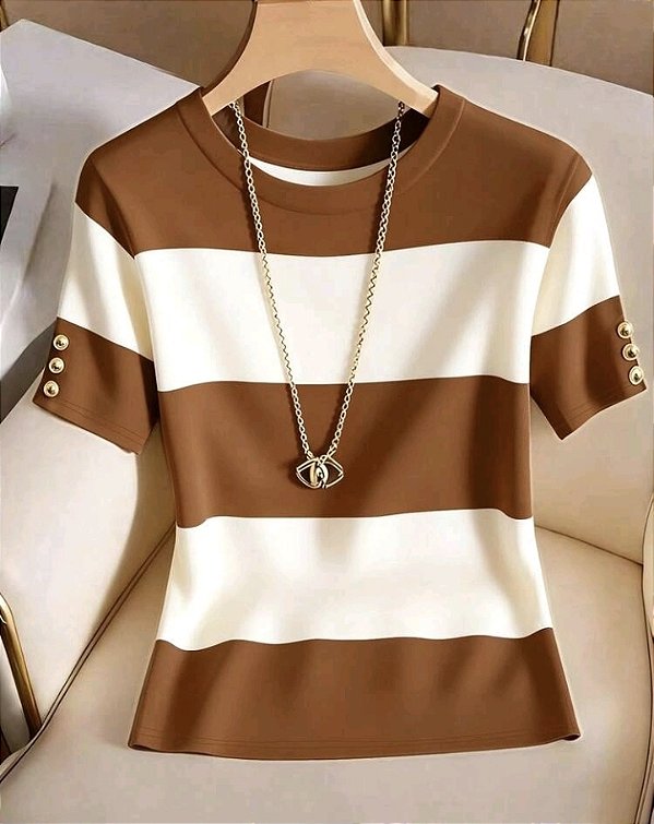 Camiseta Casual de Manga Curta Gola Redonda Listrada Bloco de Cores