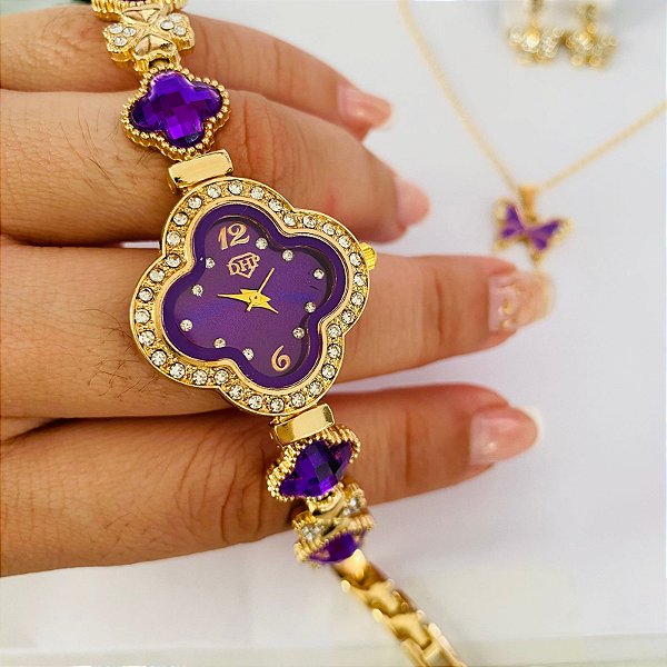 Relógio Trevo - Kit Relógio+ Colar + Brincos Foleados na Caixinha