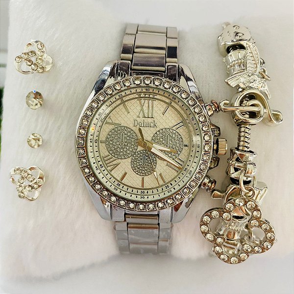 Relógio Metal Strass/Brilho/Pedrinha Metal Varias Cores - Kit Rlógio+Pulseiras+2 Pares de Brincos na Caixinha - FC0020