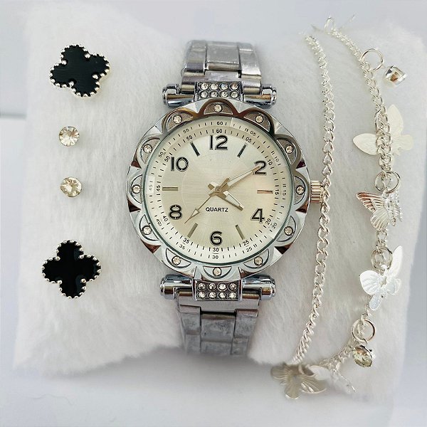 Relógio Metal Strass/Brilho/Pedrinha Metal Varias Cores - Kit Rlógio+Pulseiras+2 Pares de Brincos na Caixinha - FC0024