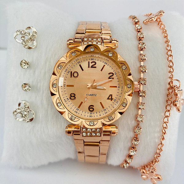 Relógio Metal Strass/Brilho/Pedrinha Metal Varias Cores - Kit Rlógio+Pulseiras+2 Pares de Brincos na Caixinha - FC0024-n02