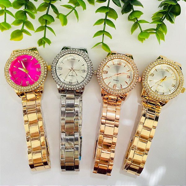 Relógio Metal Strass/Brilho/Pedrinha Metal Varias Cores - Kit Rlógio+Pulseiras+2 Pares de Brincos na Caixinha