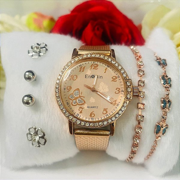Kit Relógio+Pulseira+2 pares de Brincos na Caixinha KIT-FC0158
