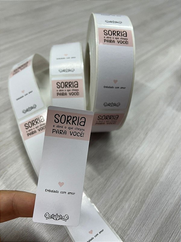 Etiqueta Adesivo Lacre Para Embalagem (9 x 3,5 cm) Sorria Rosa e Branca- 1 mil