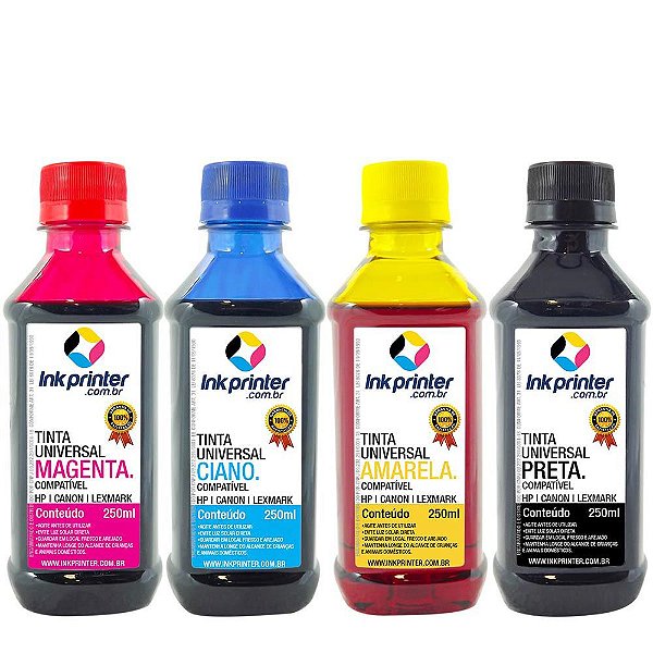 Tinta InkPrinter Universal para Recarga de Cartucho HP, Lexmark, Canon, Brother (4x250ml)