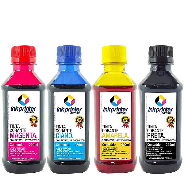 Tinta Corante InkPrinter para HP Série 7000, 8000 (4x250ml) - Tintas para  Impressora, Materiais para Serigrafia e Insumos para Sublimação! Compre  Aqui com o Melhor Preço