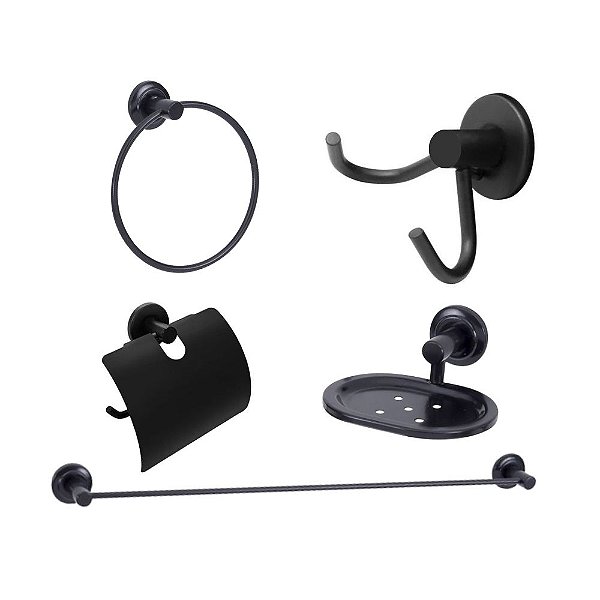 Kit Acessório Para Banheiro 05 Peças Aço Inox Preto Fosco