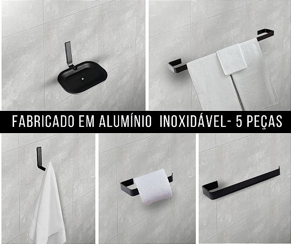 Kit 5 Peças para Banheiro em Alumínio Preto Fosco Inoxidável – Design Moderno