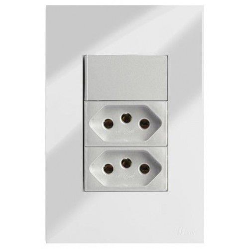 CJ INTERRUPTOR PARALELO + TOMADA DUPLA 10A 4X2  RECTA ESPELHADA PRATA GLOSS