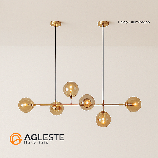 PENDENTE ORTUS 6XE14 ÂMBAR E DOURADO - HEVVY SL-5988/H6