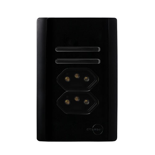 CJ INTERRUPTOR DUPLO SIMPLES + TOMADA DUPLA 20A COM SUPORTE (ESPECIAL) 4X2 -DICOMPEL NOVARA PRETO BRILHANTE TOTAL