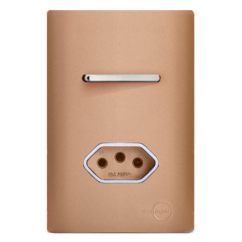 MT - CJ INTERRUPTOR SIMPLES + TOMADA 10A COM SUPORTE MONTADO 4X2 - DICOMPEL NOVARA OURO ROSE CROMADO - DNVM1500/19ORCR