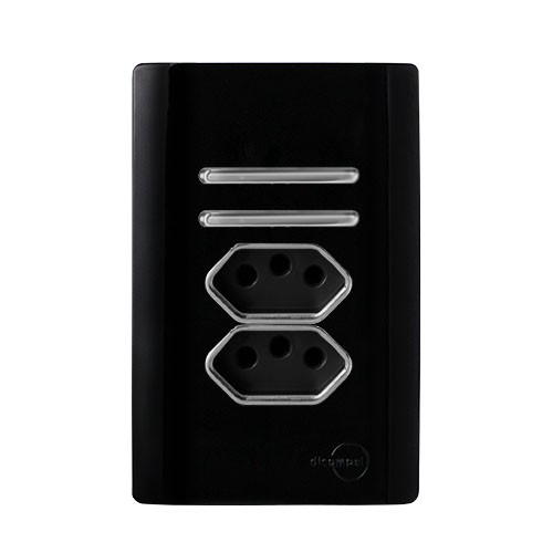 CJ INTERRUPTOR DUPLO SIMPLES + TOMADA DUPLA 10A (ESPECIAL) 4X2 - NOVARA PRETO BRILHANTE CROMADO