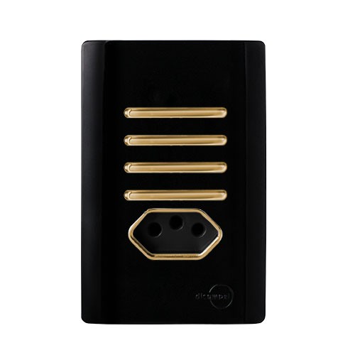 CJ INTERRUPTOR QUADRUPLO SIMPLES + TOMADA 10A (ESPECIAL) 4X2 - NOVARA PRETO BRILHANTE GOLD