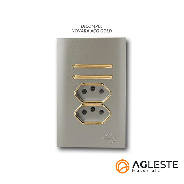CJ INTERRUPTOR DUPLO SIMPLES +TOMADA DUPLA 10A (ESPECIAL) 4X2 - NOVARA AÇO GOLD