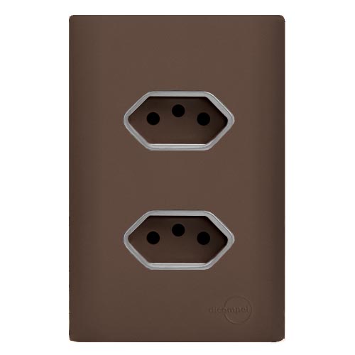 CJ TOMADA DUPLA 10A COM SUPORTE 4X2 - DICOMPEL NOVARA MARROM FOSCO CROMADO