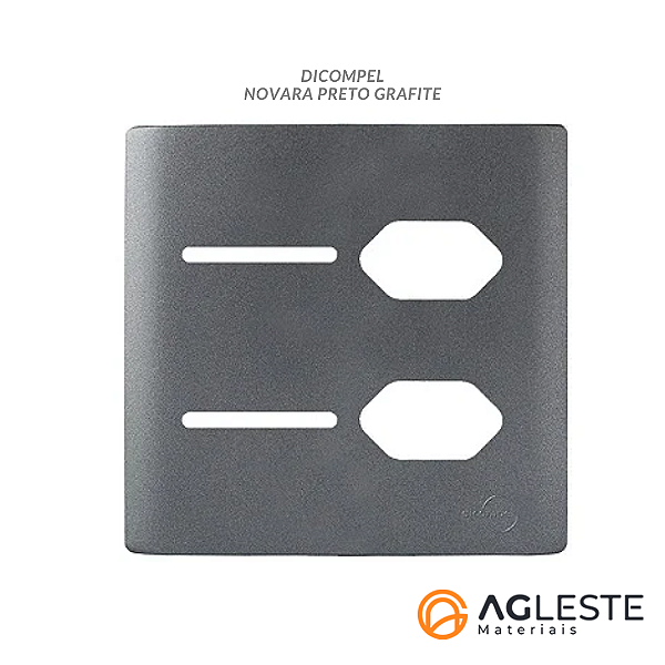 PLACA P/ 2 INTERRUPTOR + TOMADA DUPLA C/ SUPORTE 4X4 - DICOMPEL NOVARA PRETO GRAFITE