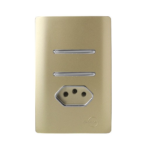 CJ INTERRUPTOR DUPLO (1 SIMPLES + 1 PARALELO) + TOMADA 10A 4X2 - NOVARA DOURADO CROMADO