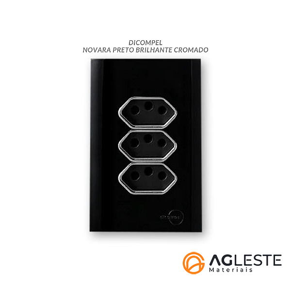 CJ TOMADA TRIPLA 10A 4X2 - NOVARA PRETO BRILHANTE CROMADO