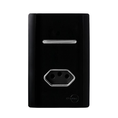 CJ INTERRUPTOR PARALELO + TOMADA 20A COM SUPORTE 4X2 - DICOMPEL NOVARA PRETO BRILHANTE CROMADO