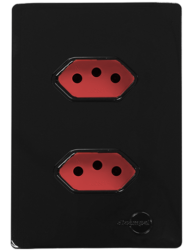 CJ TOMADA DUPLA 20A HORIZONTAL VERMELHO COM SUPORTE  4X2 - DICOMPEL NOVARA PRETO BRILHANTE TOTAL - DNV1700/38VMTL