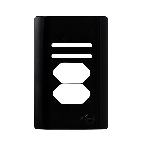 PLACA P/ 2 INTERRUPTORES + TOMADA DUPLA C/ SUPORTE (ESPECIAL) 4X2 - NOVARA PRETO BRILHANTE