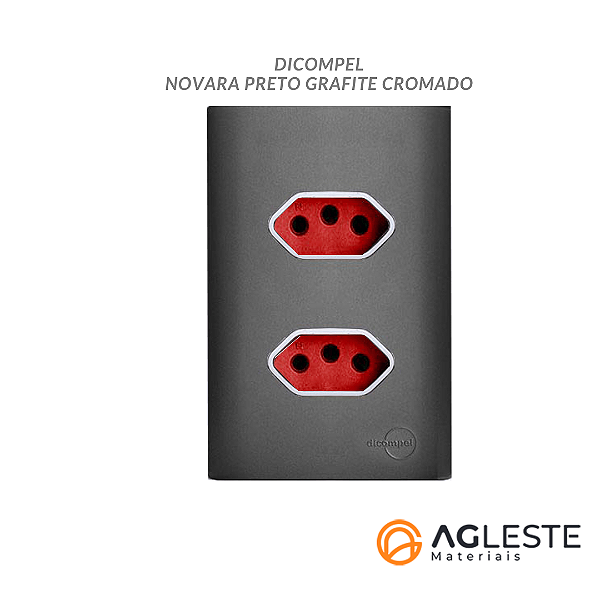 CJ TOMADA DUPLA 10A VERMELHO COM SUPORTE  4X2 - DICOMPEL NOVARA PRETO GRAFITE CROMADO - DNV1600/14GFVMCR