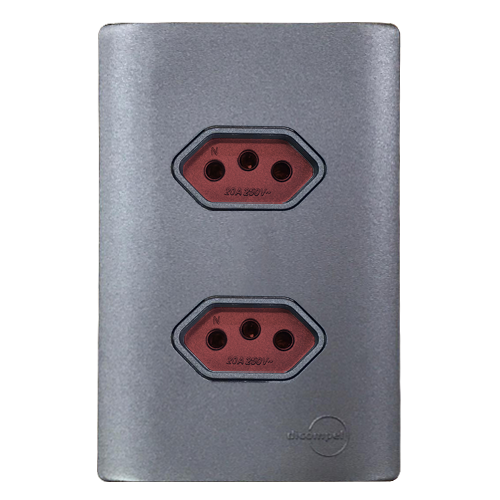 CJ TOMADA DUPLA 20A VERMELHO COM SUPORTE  4X2 - DICOMPEL NOVARA PRETO GRAFITE TOTAL