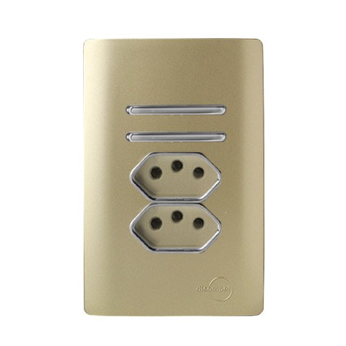 CJ INTERRUTOR DUPLO 1 PARALELO + 1 SIMPLES + TOMADA DUPLA 10A COM SUPORTE 4X2 - NOVARA DOURADO CROMADO