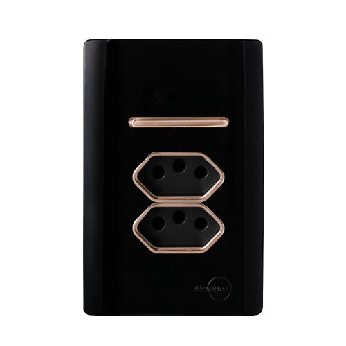 CJ INTERRUPTOR PARALELO + TOMADA DUPLA 10A 4X2- DICOMPEL NOVARA PRETO BRILHANTE OURO ROSE