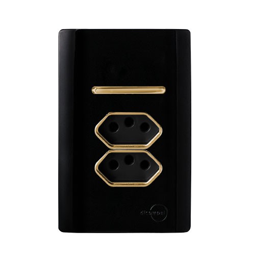 CJ INTERRUPTOR SIMPLES + TOMADA DUPLA 20A 4X2 - NOVARA PRETO BRILHANTE GOLD