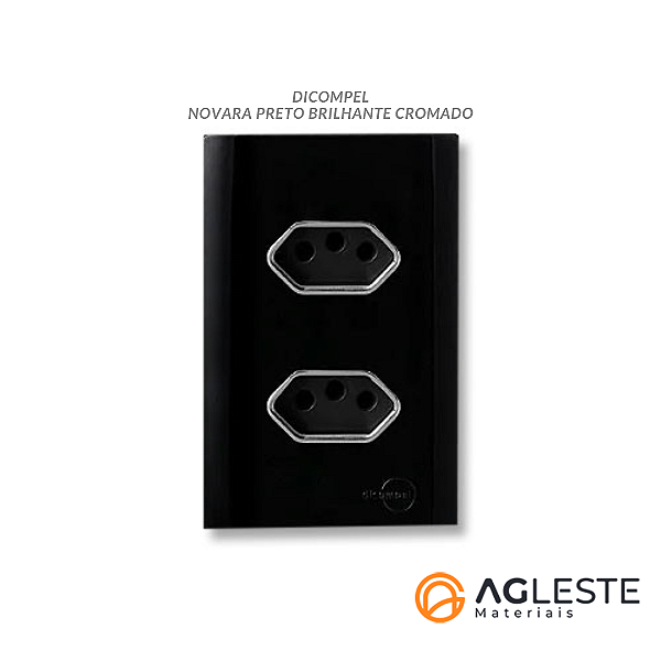 CJ TOMADA DUPLA 10A + 20A COM SUPORTE 4X2 - NOVARA PRETO BRILHANTE CROMADO