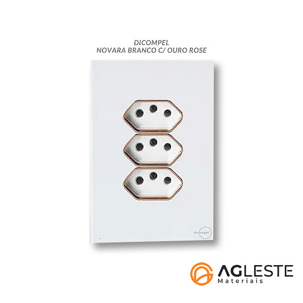 CJ TOMADA TRIPLA 10A COM SUPORTE 4X2 - NOVARA GLASS BRANCO / OURO ROSE