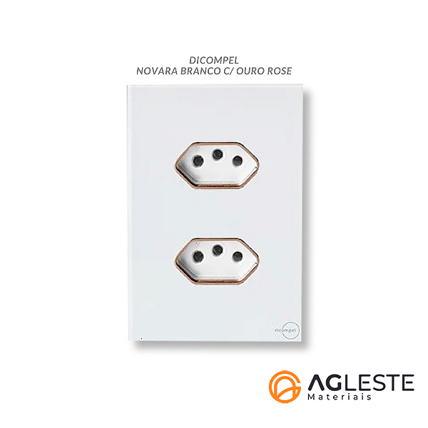 CJ TOMADA DUPLA 10A COM SUPORTE 4X2 - NOVARA GLASS BRANCO / OURO ROSE