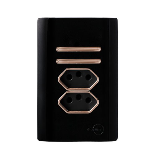 CJ INTERRUPTOR DUPLO 1 SIMPLES + 1 PARALELO + TOMADA DUPLA 10A 4X2 - NOVARA PRETO BRILHANTE OURO ROSE